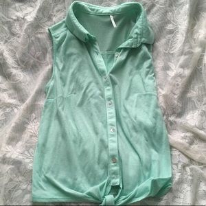 Mint Green Sleeveless Collared Button-Down T-Shirt